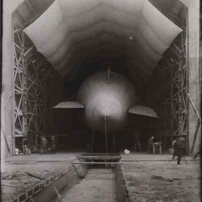 Dirigible tethered inside Wingfoot Lake hangar