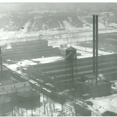 Aerial view of factory and rail yard