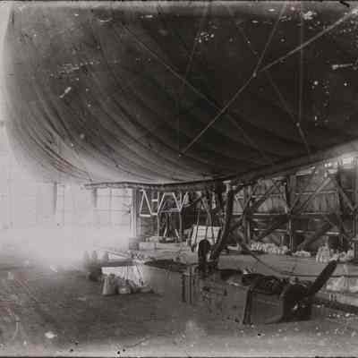Tethered dirigible inside hangar