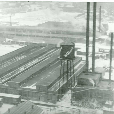 Aerial view of factory and rail yard