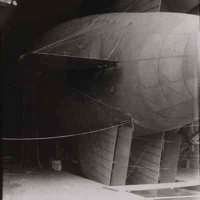 Tethered dirigible in hangar