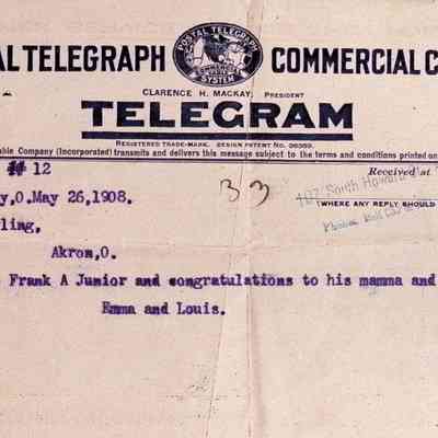 Telegram congratulating F.A. Seiberling on the birth of Franklin Jr.