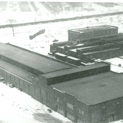 Aerial view of factory and rail yard