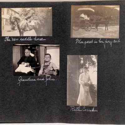 Page 52: The new saddle horse (F.A. Seiberling), Margaret in her pony cart, Grandma and John (Pflueger), Ruth Carnahan