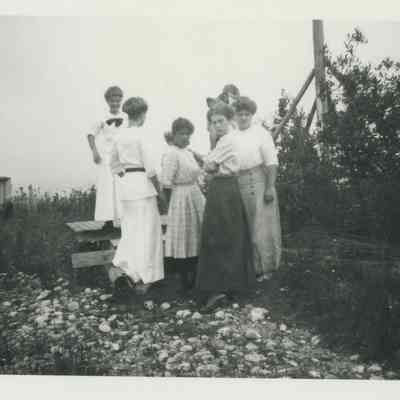 Six young ladies near a picnic table