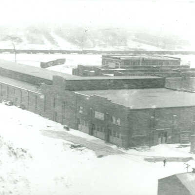 Aerial view of factory and rail yard