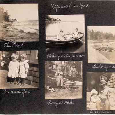 Page 53: Up North (Cedar Lodge, Hessel, MI) in 1903 - The Point, Taking sister for a row, Building a raft, Pen and Gin, Ginny at work, A new bunny.