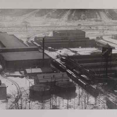 Aerial view of factory, rail yard