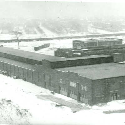 Aerial view of factory and rail yard
