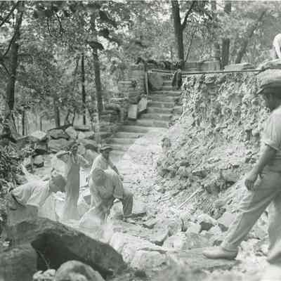 Stone Masons working on Pleasure Drive Stairs