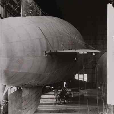 Tethered dirigible inside hangar