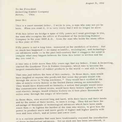 James Penfield Seiberling's Letter from Seiberling Rubber Co. Time Capsule