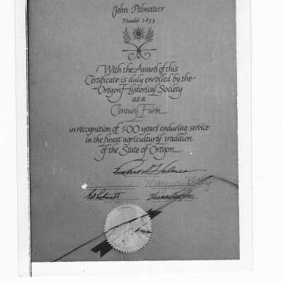 Palmateer Century Farm Certificate