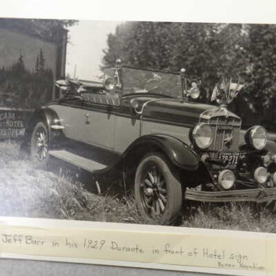 Jeff Barr in his 1929 Durante in front of Estacada Hotel