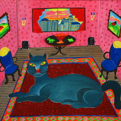 Blue Cat-Cat on a Rug