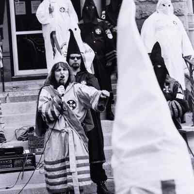 Female Grand Dragon at Ku Klux Klan Rally; women are brought into the KKK on the premise of protecting womanhood