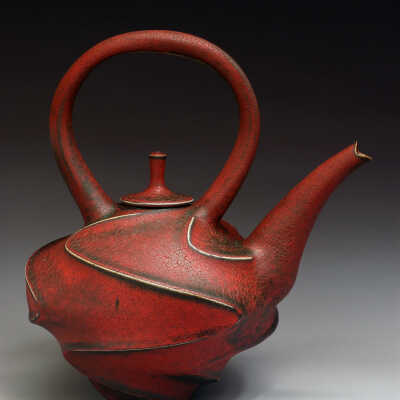 Red Sandblasted Carved Teapot
