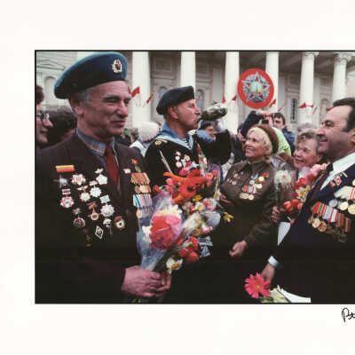 Veterans of World War II, their wives and surviving widows celebrate the 50th anniversary of V-E Day in the USSR, Moscow, Russia