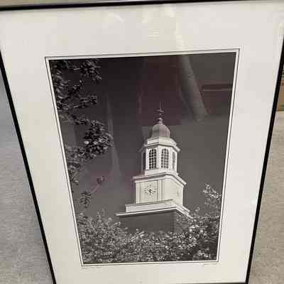 Haupt Humanities Clock tower black & white photo