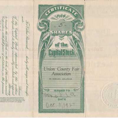 Stock Certificate Union County Fair: Copyright: none; Origsize: 8 1/2" X 11"; Origformat: Artifact