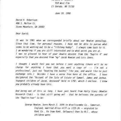 Letter Newton Beavert Family History: Copyright: none; Origsize: 8" x 11"; Origformat: Other