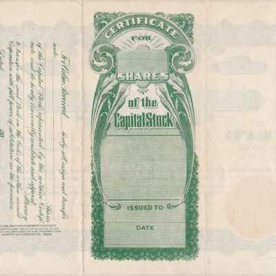 Stock Certificate: Copyright: none; Origsize: 8 1/2" X 11"; Origformat: Artifact