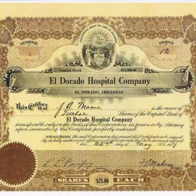 El Dorado Hospital Stock Certificate: Copyright: none; Origsize: 8 1/2" X 11"; Origformat: Artifact
