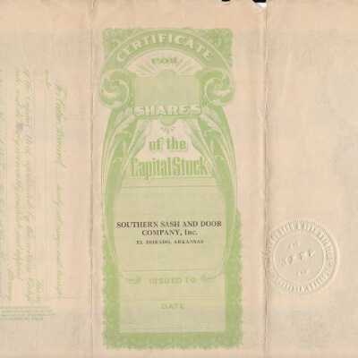 Stock Certificate Southern Sash & Door: Copyright: none; Origsize: 8 1/2" X 11"; Origformat: Artifact