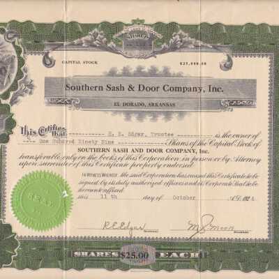 Southern Sash and Door, Inc. Stock Certificate