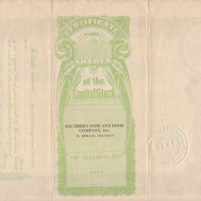Stock Certificate Southern Sash & Doors: Copyright: none; Origsize: 8 1/2" X 11"; Origformat: Artifact