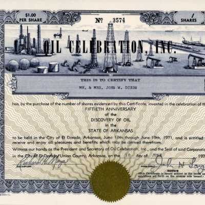 Oil Celebration, Inc. Stock Certificate: Origsize: 11"X81/2"; Origformat: Artifact