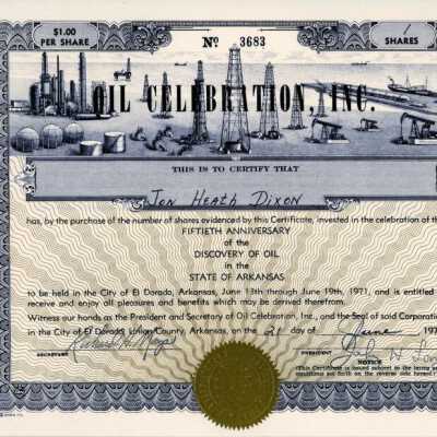Oil Celebration Inc. Stock Certificate No. 2: Origsize: 11"X81/2"; Origformat: Artifact