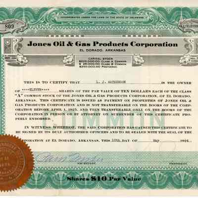 Jones Oil & Gas Products Corporation Stock Certificate