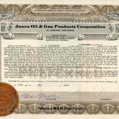 Jones Oil & Gas Products Corporation Stock Certificate