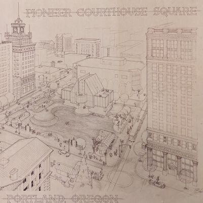 Pioneer Courthouse Square Concept Drawing by Robert Lead c.1980 (reproduction)