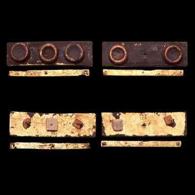 Front and reverse view of the two rectangular plates and four laminae of brass.: ©National Museums Scotland. Digitised from a positive on film and edited by the Trimontium Trust.