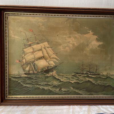 Framed Color Print of a Barkentine and Steamer Under Sail.