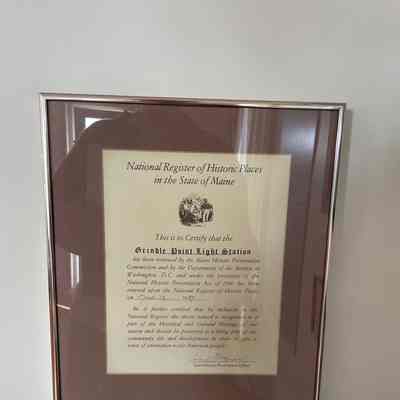 Framed Matted Certificate: "National Register of Historic Places. Grindle Point Light Station"