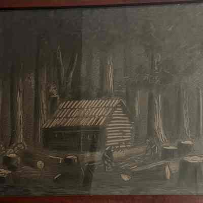 Charcoal drawing of Islesboro cabin typical of early settler dwellings
