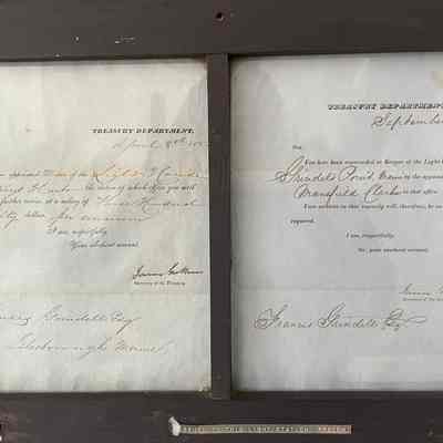 Framed documentation of letter of appointment and letter of suspension of the second Lighthouse Keeper, Francis Grindle.