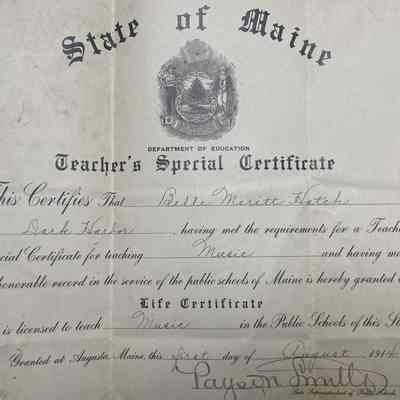 Teacher's Certificate, State of Maine, 1914