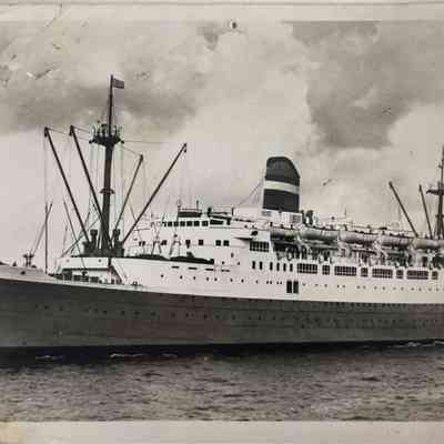 Postcard of the SS Ryndam addressed to the "Students of Mrs. Dorothy Pendleton, Islesboro Central School," 1955