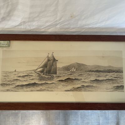 Framed lithograph, "Off on a Cruise. An American Houseboat"