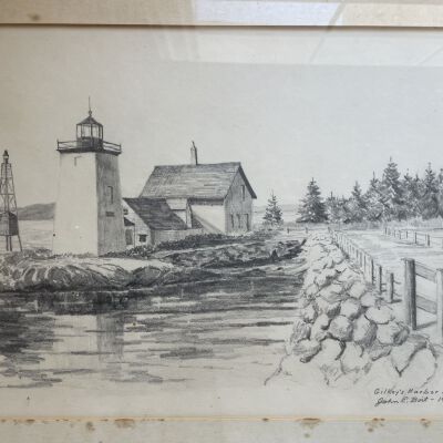 "Gilkey's Harbor Light", charcoal/pencil on paper by John E. Boit