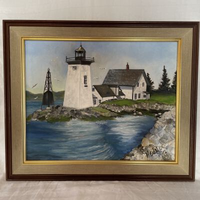 Oil Painting of Grindle Point Lighthouse By Mrs. Carol Prentiss Hedrick