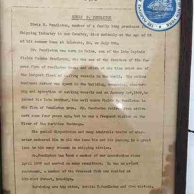 Obituary of Edwin S. Pendleton, framed