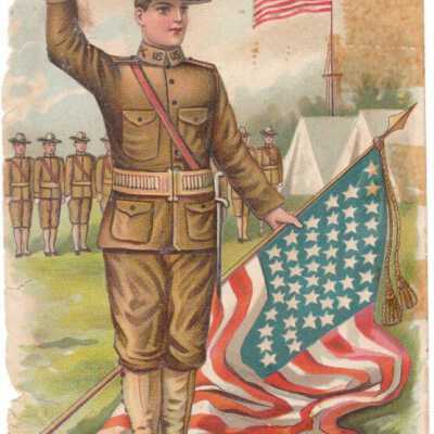Postcard showing WW1 soldier with flag: Origsize: 3.5" x 5.5"