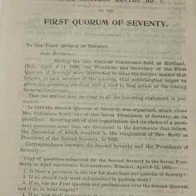 Special Letter no 1 to the First Quorum of Seventy