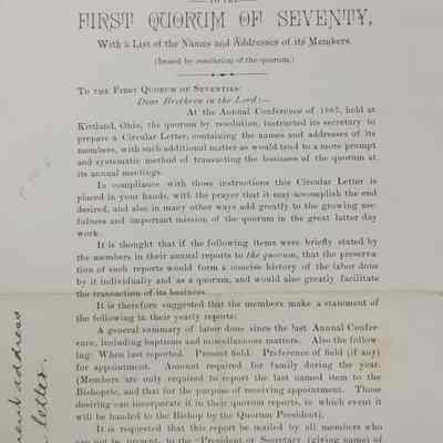 Circular Letter No 1 to the First Quorum of Seventy