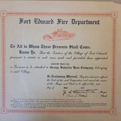 Fort Edward Fire Department member certificate